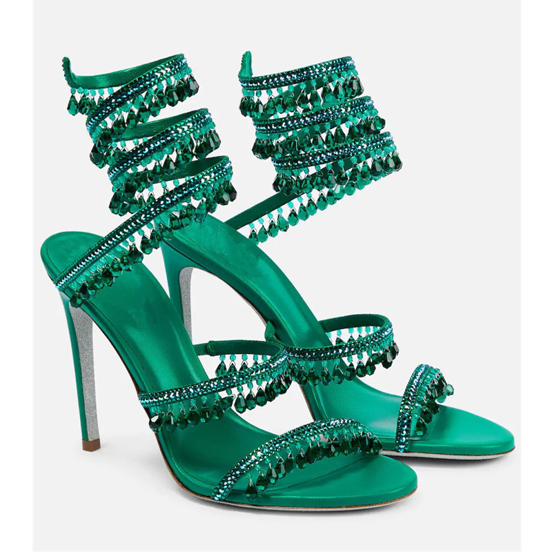 Casual Sandal Leather - Sexy Green Crystal Fringe Stiletto Sandals
