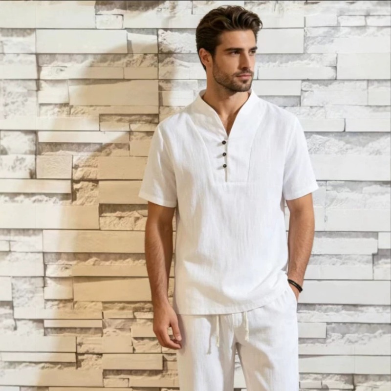 Short Linen Drawstring - Men's Linen Cotton 2-Piece Set Short