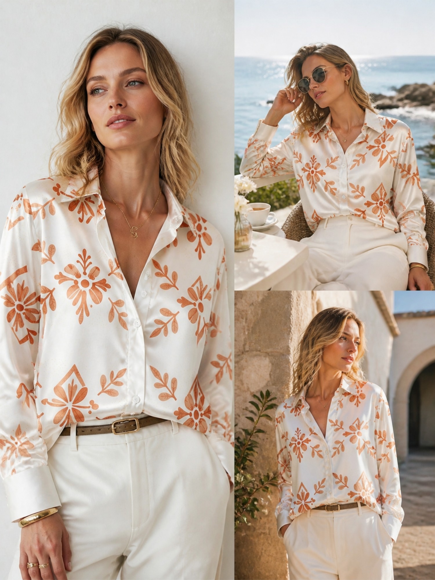 Cream Orange Floral Satin Blou – обзор и цена Resort Shirt Floral