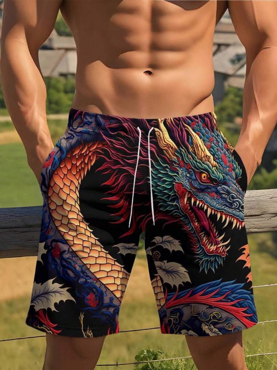 Mens Dragon Print Drawstring W – обзор и цена Swim Trunk Quick Dry