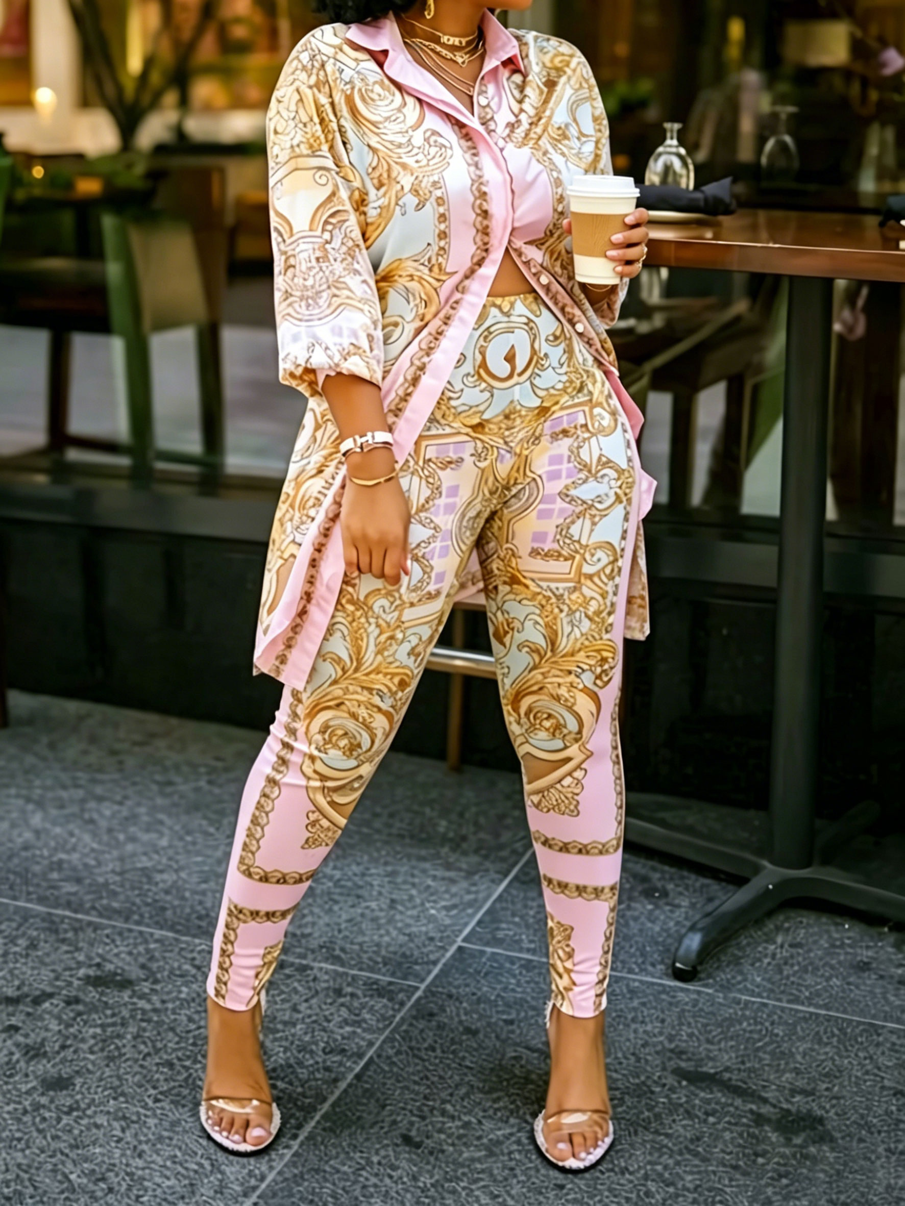 Women 2 Piece Set Ornate Print – обзор и цена Shirt Camp Collar